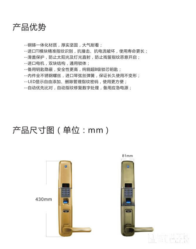 蓝盾智能锁 刚铸型指纹锁密码锁滑盖红古铜