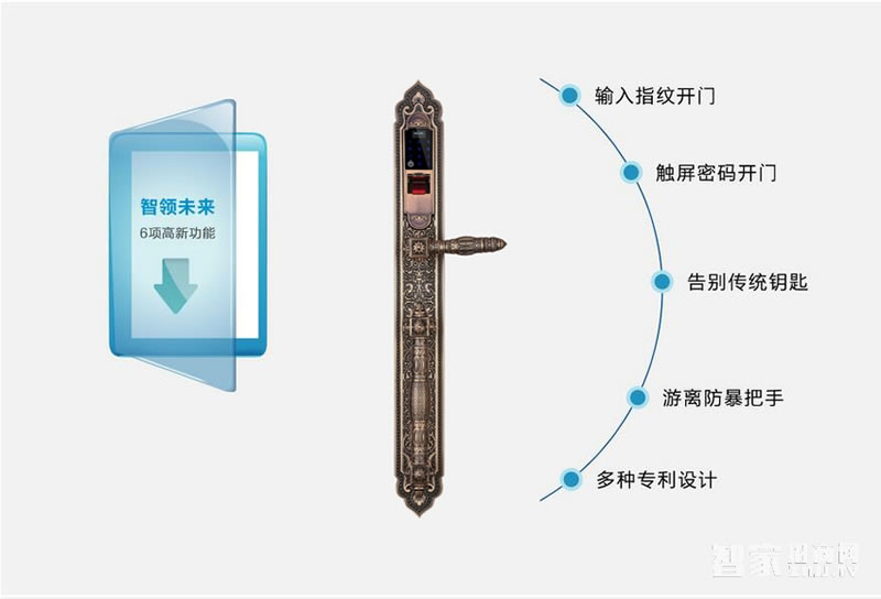 蓝盾智能锁 纯铜雕花仿古指纹锁密码锁 刷卡锁直板黄金色