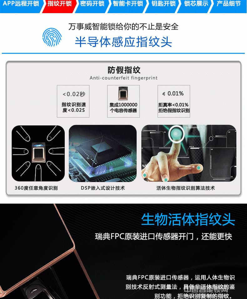 万事威指纹锁 全自动半导体指纹锁 APP远程电子锁