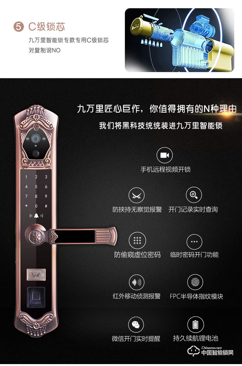 九万里智能锁J900 欧式指纹锁家用防盗门高端别墅大门锁