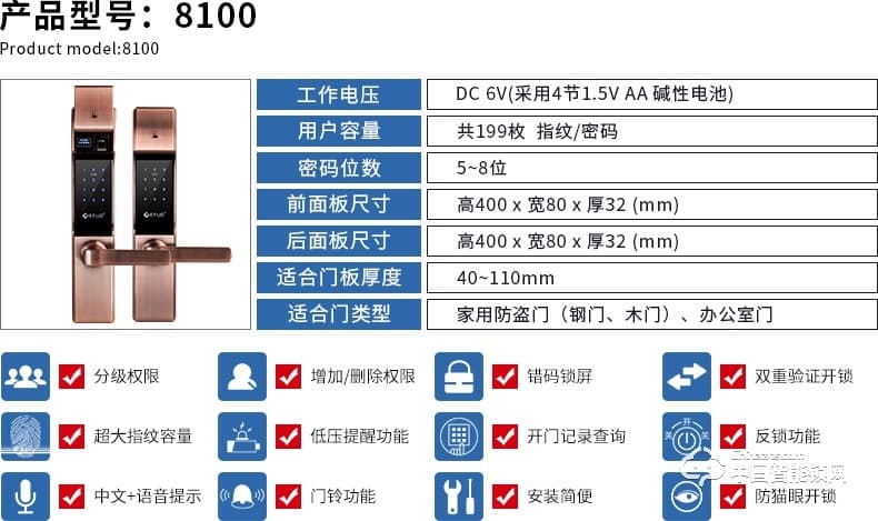 爱而福德指纹锁 红古铜密码智能电子锁 家用防盗门刷卡门禁锁