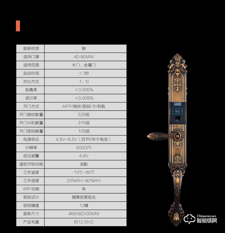 德利智能锁 欧式纯铜指纹门锁