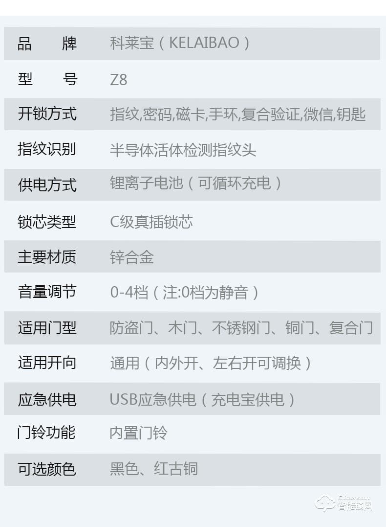 科莱宝智能锁 Z8家用防盗门电子锁指纹密码锁