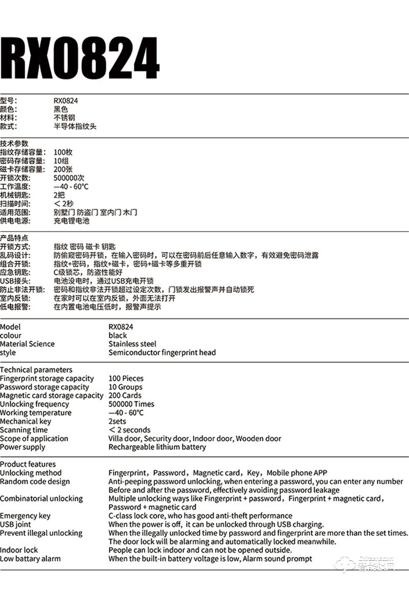 CK智能锁 RX0824全自动智能指纹密码锁