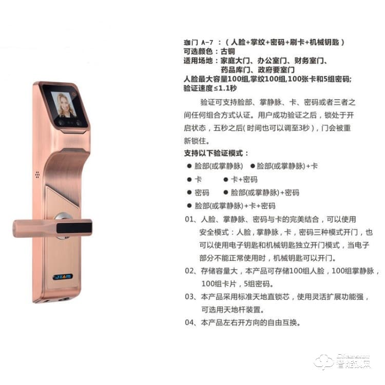 珈门智能锁 JM-A7家用防盗门刷脸智能门锁