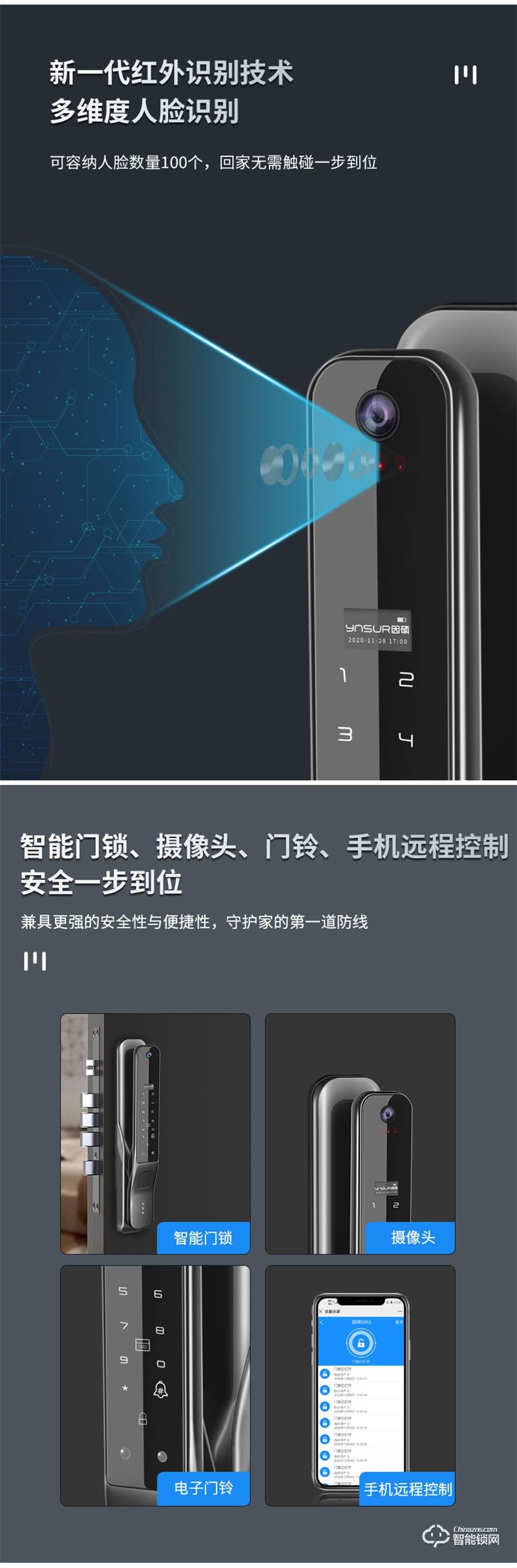 因硕S901智能锁 3D人脸识别刷脸即开