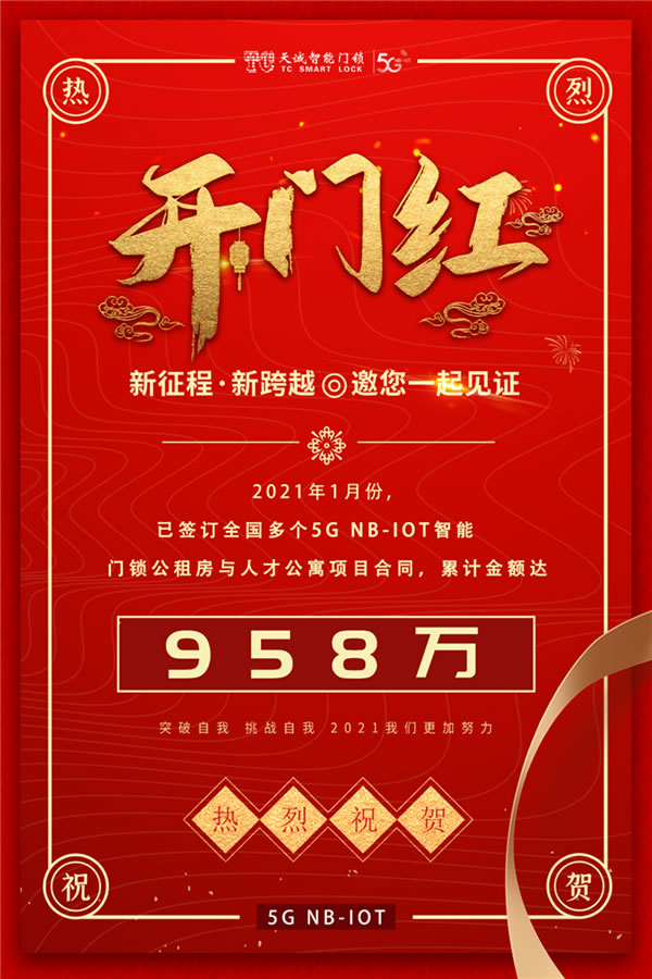 958w签约佳绩！天诚迎2021开门红，5G NB-IoT智能锁市场这么香？