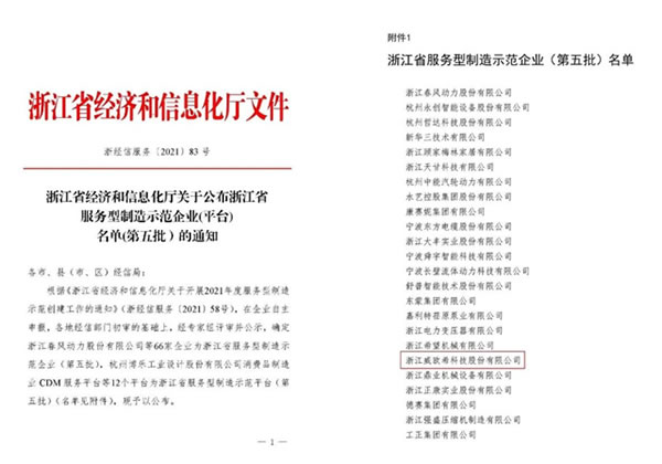 喜讯 | 威欧希获评浙江省级服务型制造示范企业