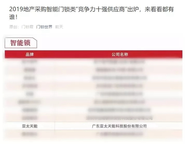 亚太天能获选指纹锁供应商行业竞争力十强
